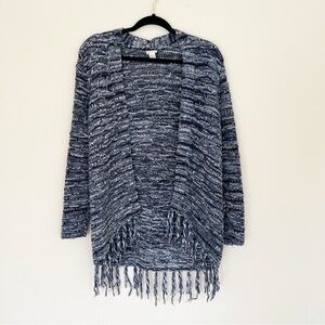 Chico’s Open-Front Marled Fringe Sweater Cardigan 1 Navy White Cotton Layering